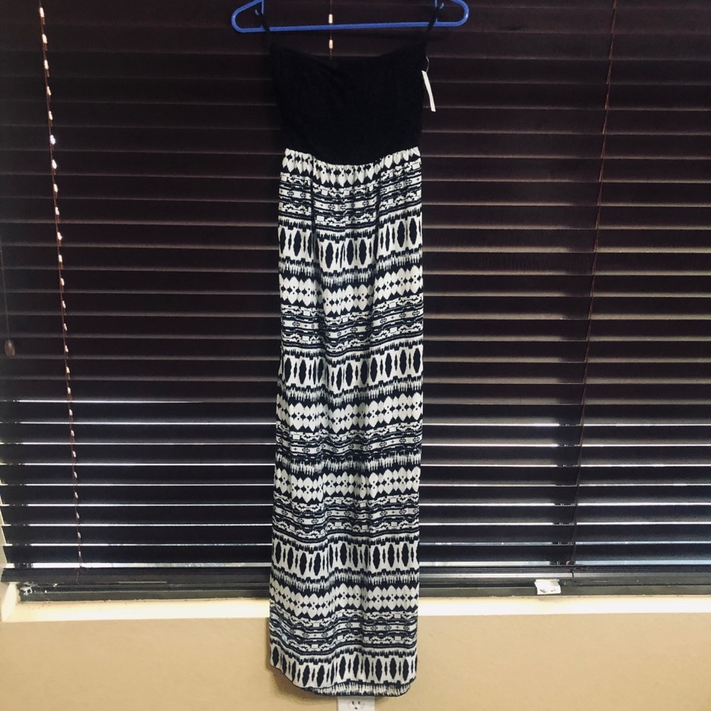 Strapless black and white maxi dress
